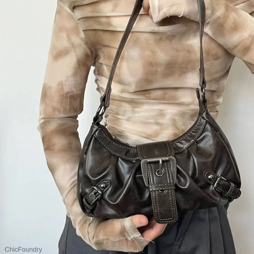 Small Hobo Shoulder Bag with Top Handle, Faux Leather, Zipper Closure